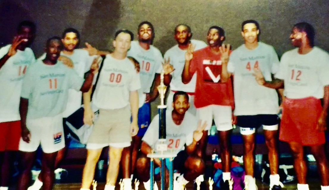 William Korioth and his teammates holding up three fingers with the 1992 Austin Aqua Fest championship trophy