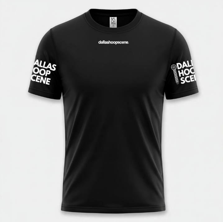 Black compression tee, front: the white dallashoopscene. wordmark on the upper chest and the stacked DHS logo on both sleeves